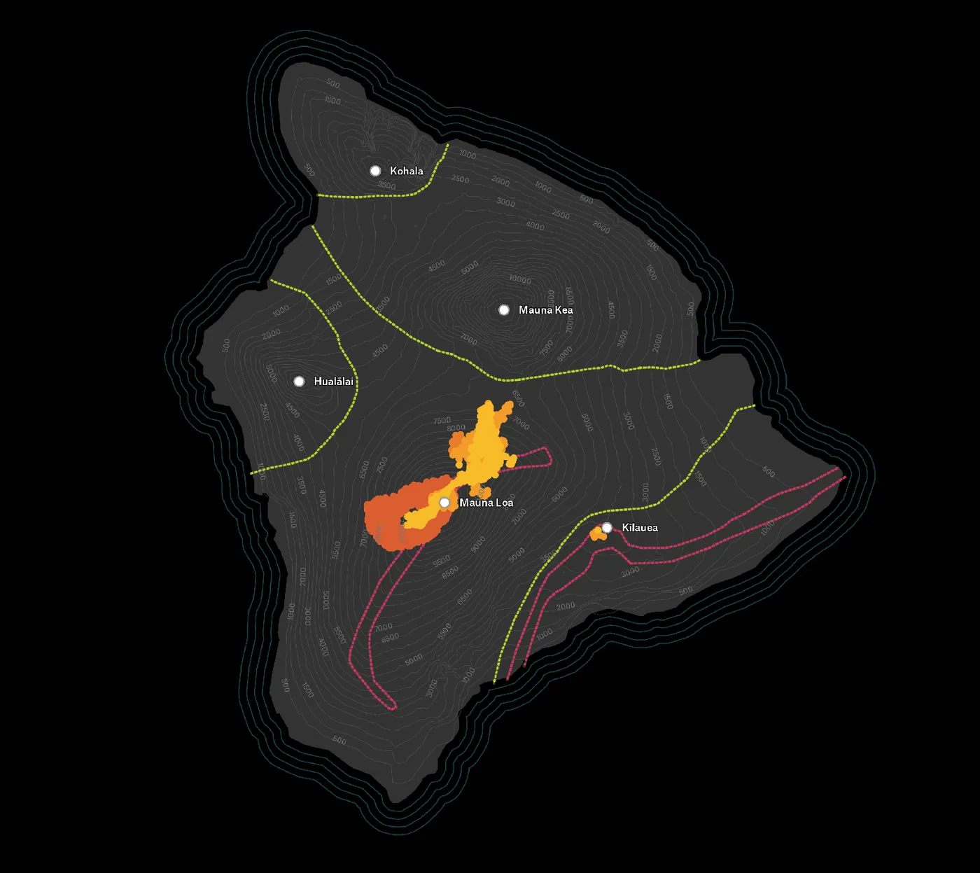 An exported Felt map of the Island of Hawaii on black, showing fire detection points around Mauna Loa and Kilauea