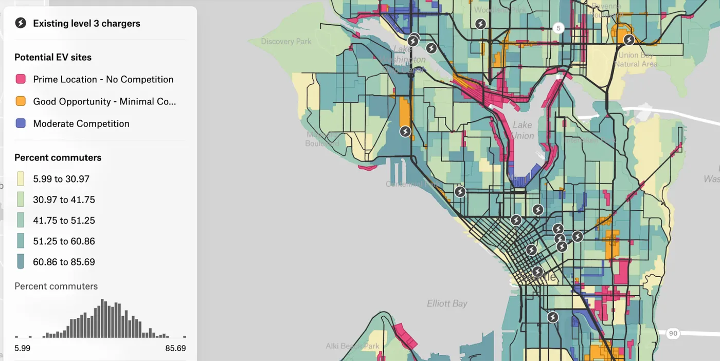 An interactive map showing electric vehicle charger site selection factors in Washington.