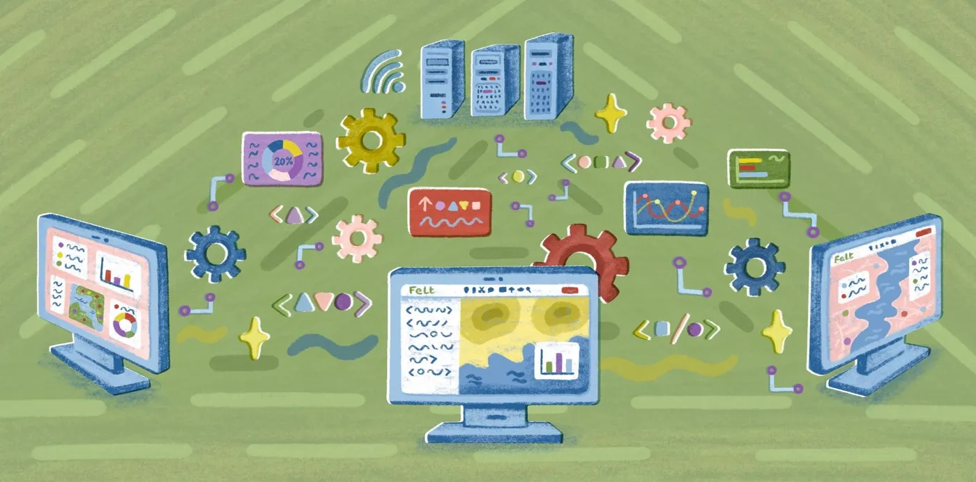 An illustration of computers showing Felt maps and charts, linked to servers by data lines and gears