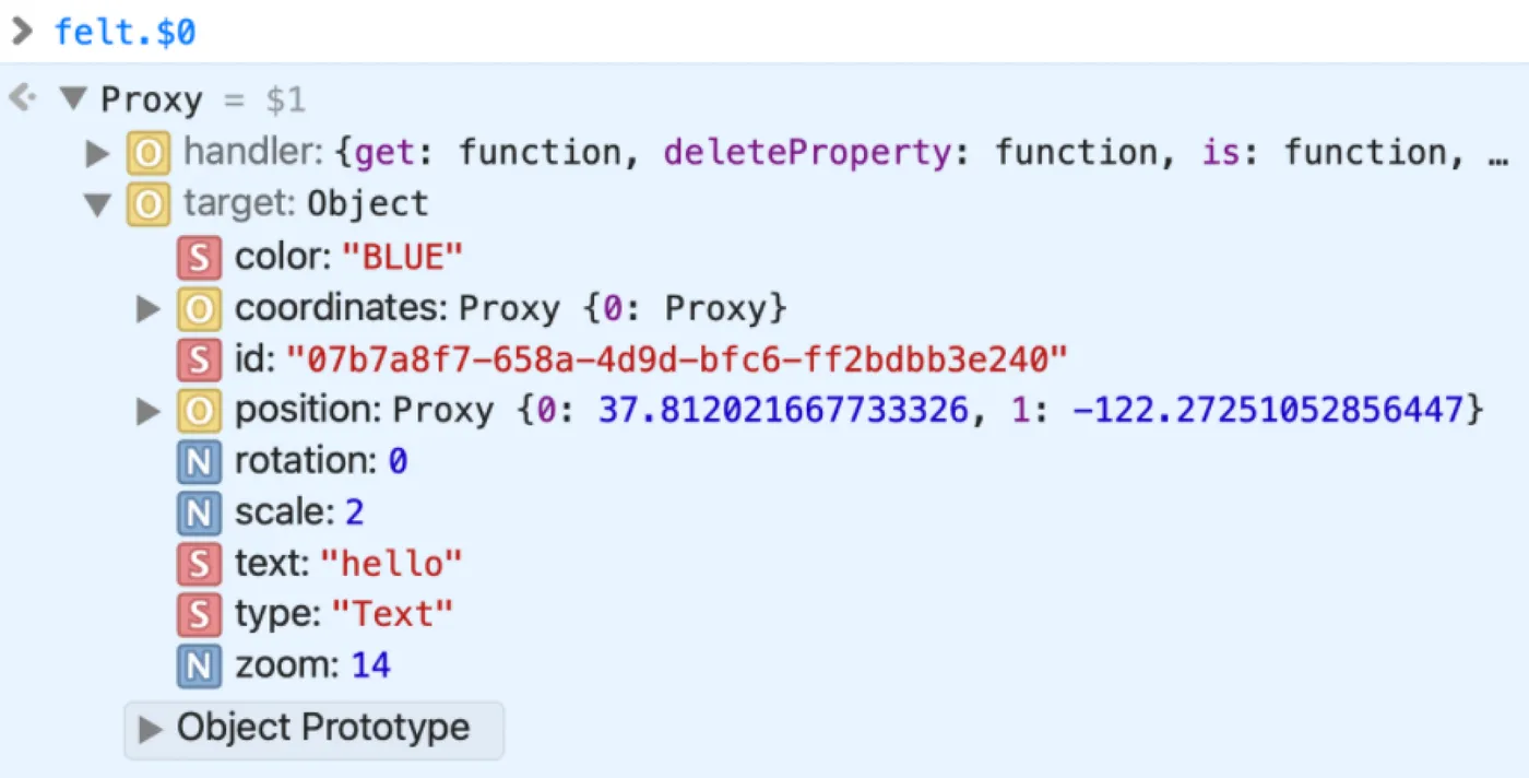 A screenshot of the browser console showing felt.$0 returning a Felt text element with its properties