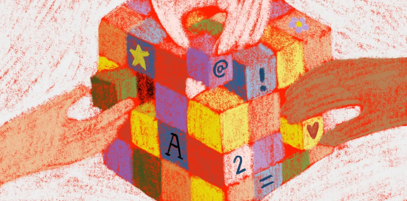 A crayon-style illustration of several hands assembling a colorful cube of blocks marked with letters and symbols