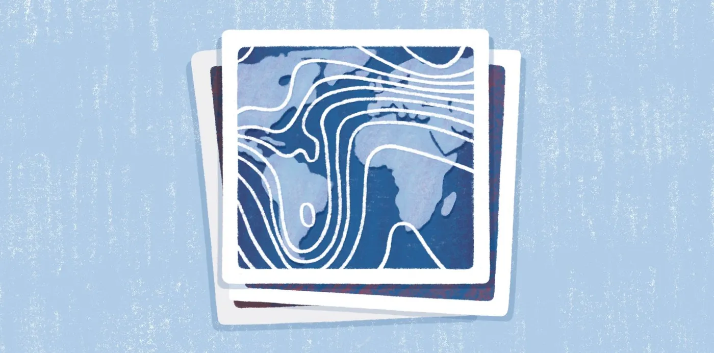 An illustration of stacked map prints in blue, the top one showing the Atlantic, Europe and Africa with white contour lines