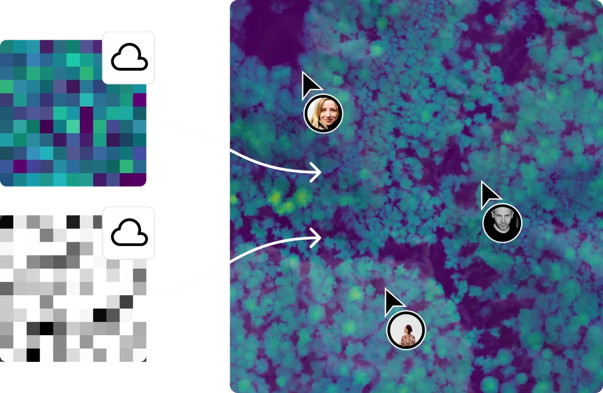 Two raster files streaming from cloud storage onto an aerial image of tree canopy, with collaborators’ cursors on the map