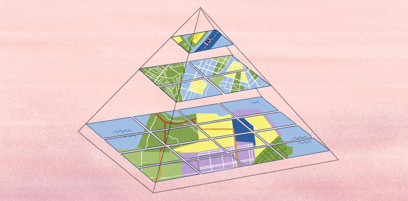 An illustration of map tiles stacked in a pyramid, from a detailed base layer up to a single tile at the top