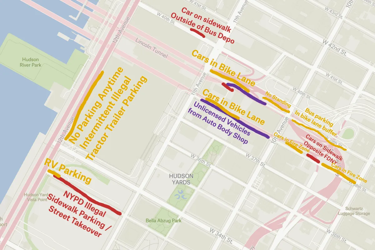 A Felt map near Hudson Yards with hand-drawn lines and labels marking parking violations like cars in bike lanes