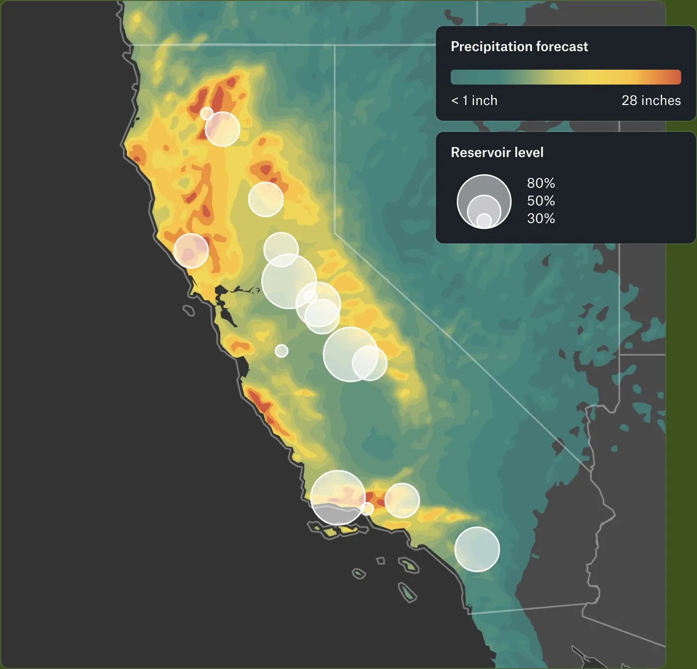 A Felt map of California showing a precipitation forecast raster with reservoir levels as sized white circles