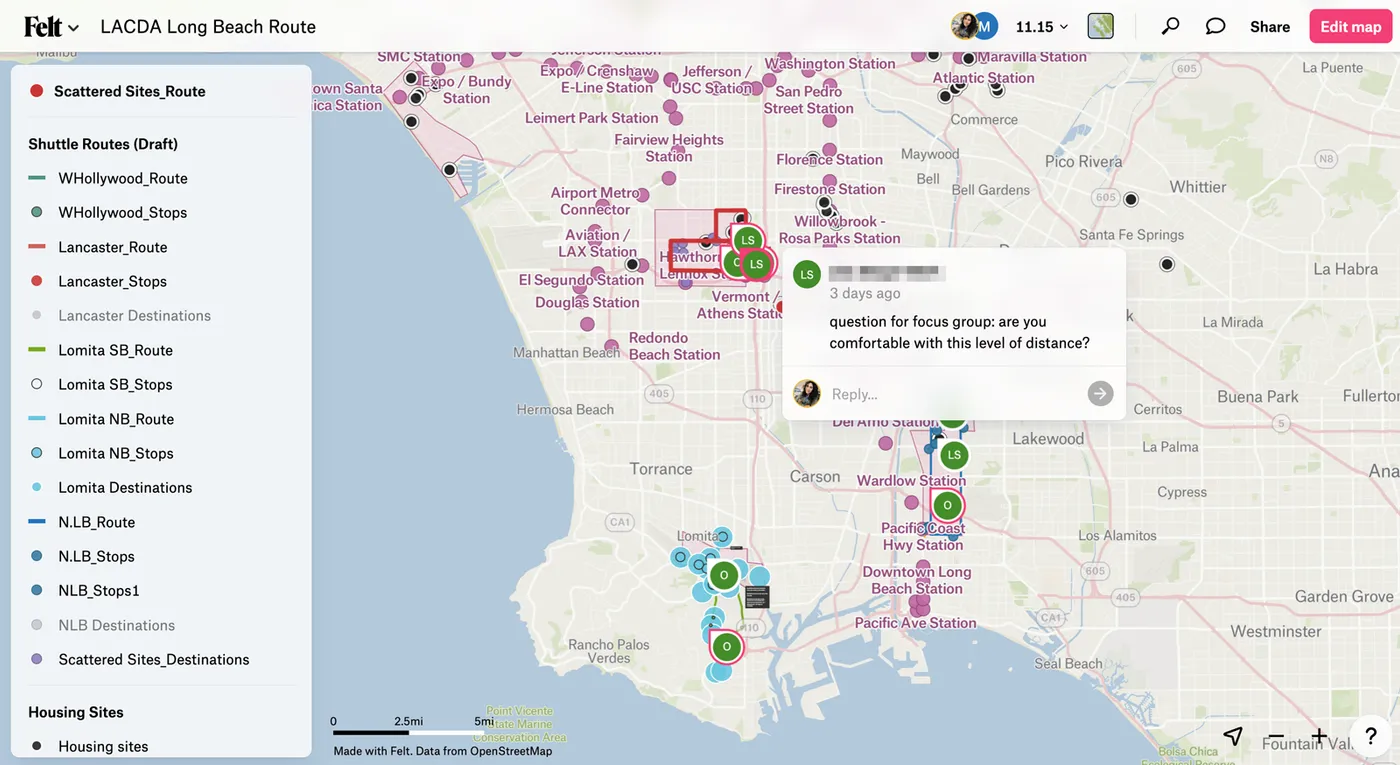 The Toole team leveraged Felt to interactively draft potential transit routes based on destination interests.