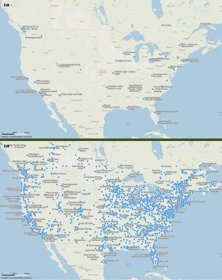 Two Felt maps of fuel and charging stations across North America, sparse in the top sample and much denser below
