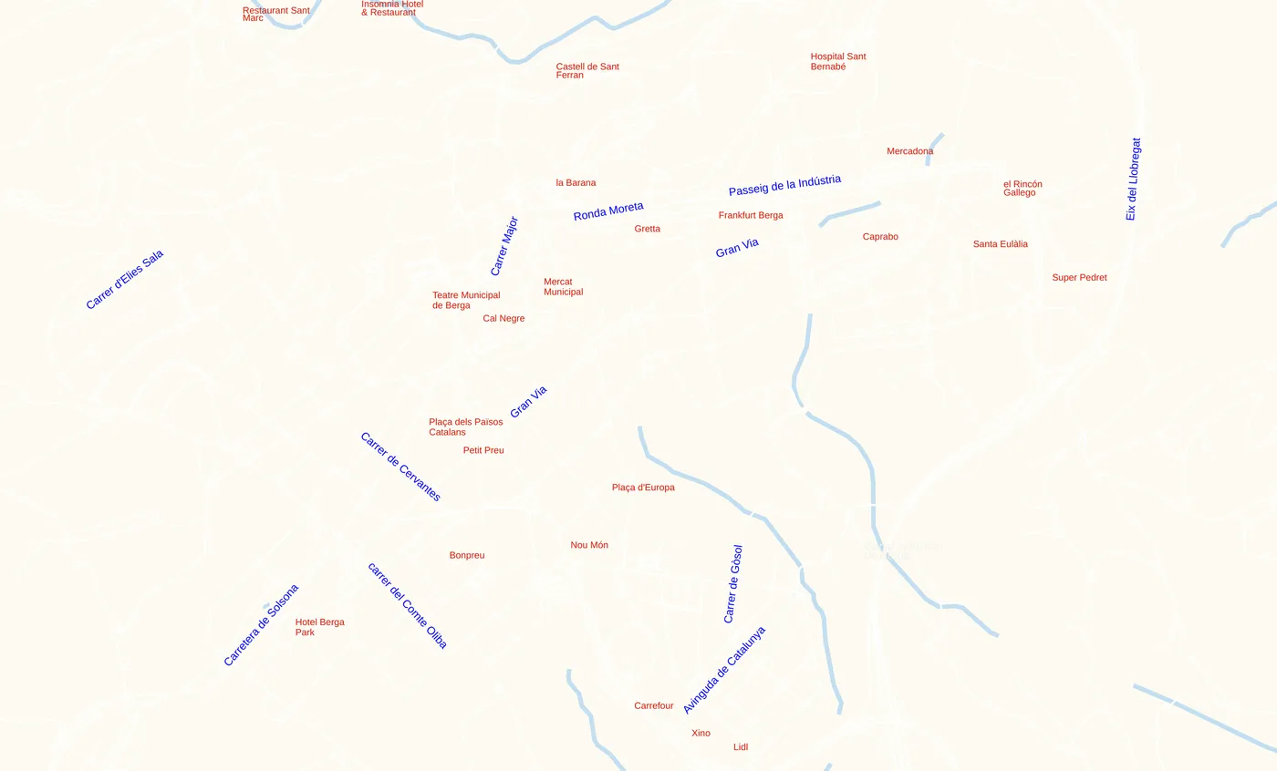 The Berga street map with label repeat distance set, leaving fewer duplicate Gran Via labels