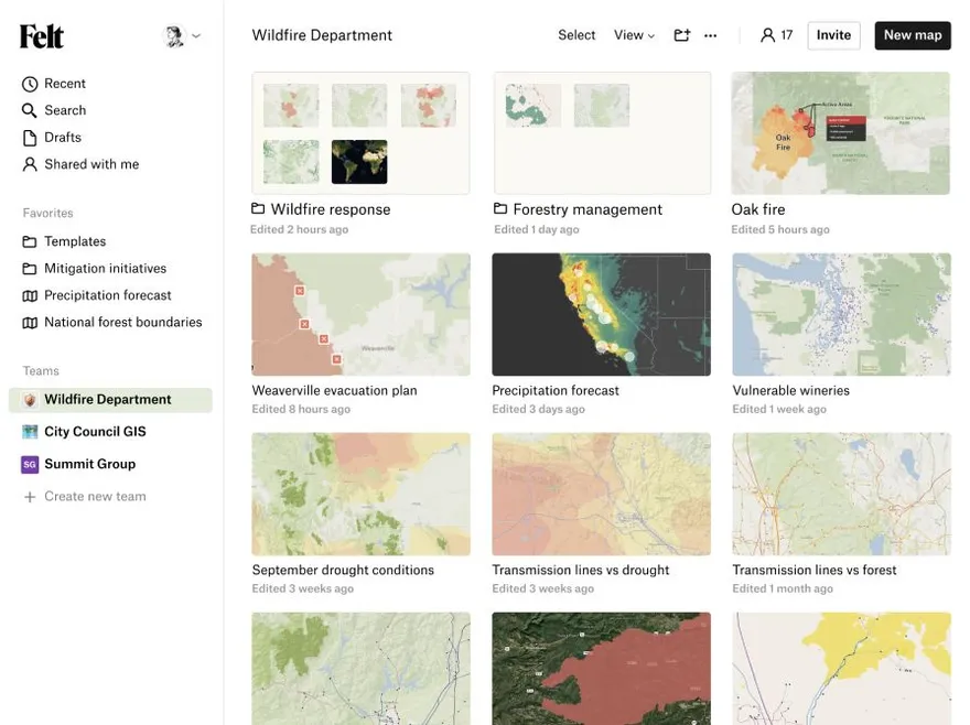 A screenshot of a Felt team homepage for a wildfire department, with map thumbnails and folders