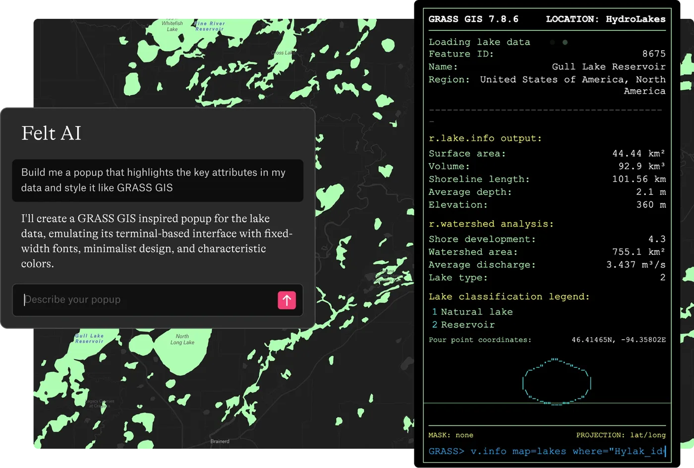 A lake popup generated by Felt AI in the style of a GRASS GIS terminal, with surface area, volume, and watershed statistics