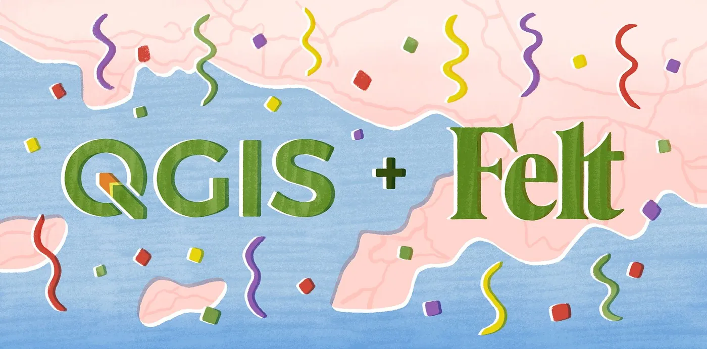 The QGIS and Felt logos side by side on an illustrated map, surrounded by confetti