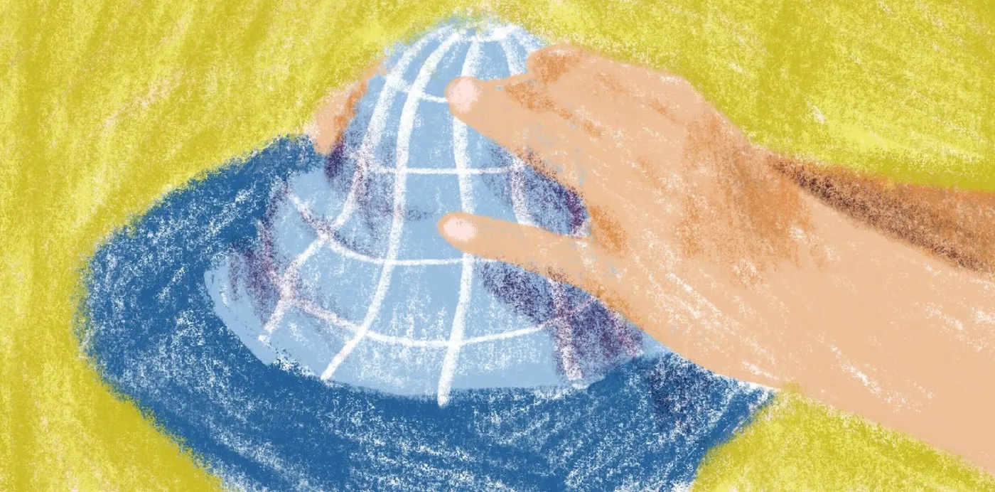 An illustration of a hand resting on a wireframe globe drawn in blue and white crayon