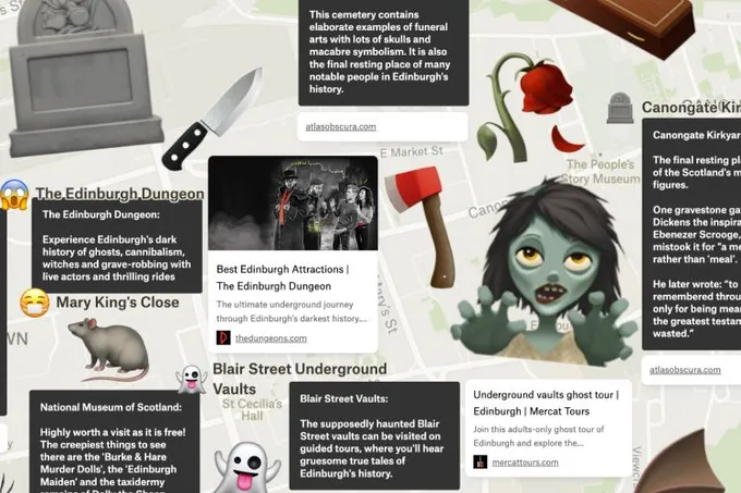 A Felt map of Edinburgh covered in spooky emoji and notes about haunted sites like the Edinburgh Dungeon and Blair Street Vaults