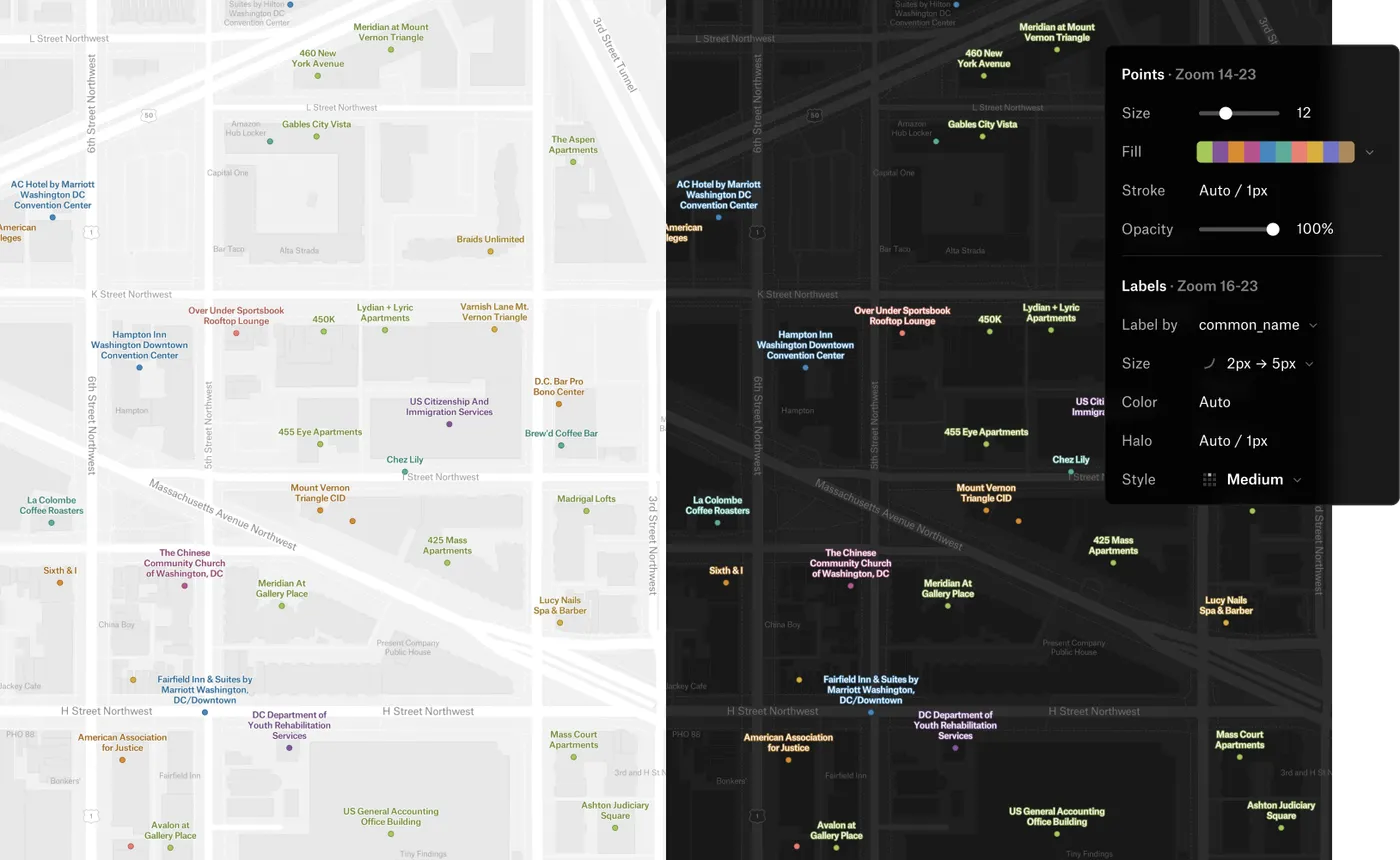 The same points of interest in downtown Washington, DC on a light and a dark basemap, with the point and label style panel open