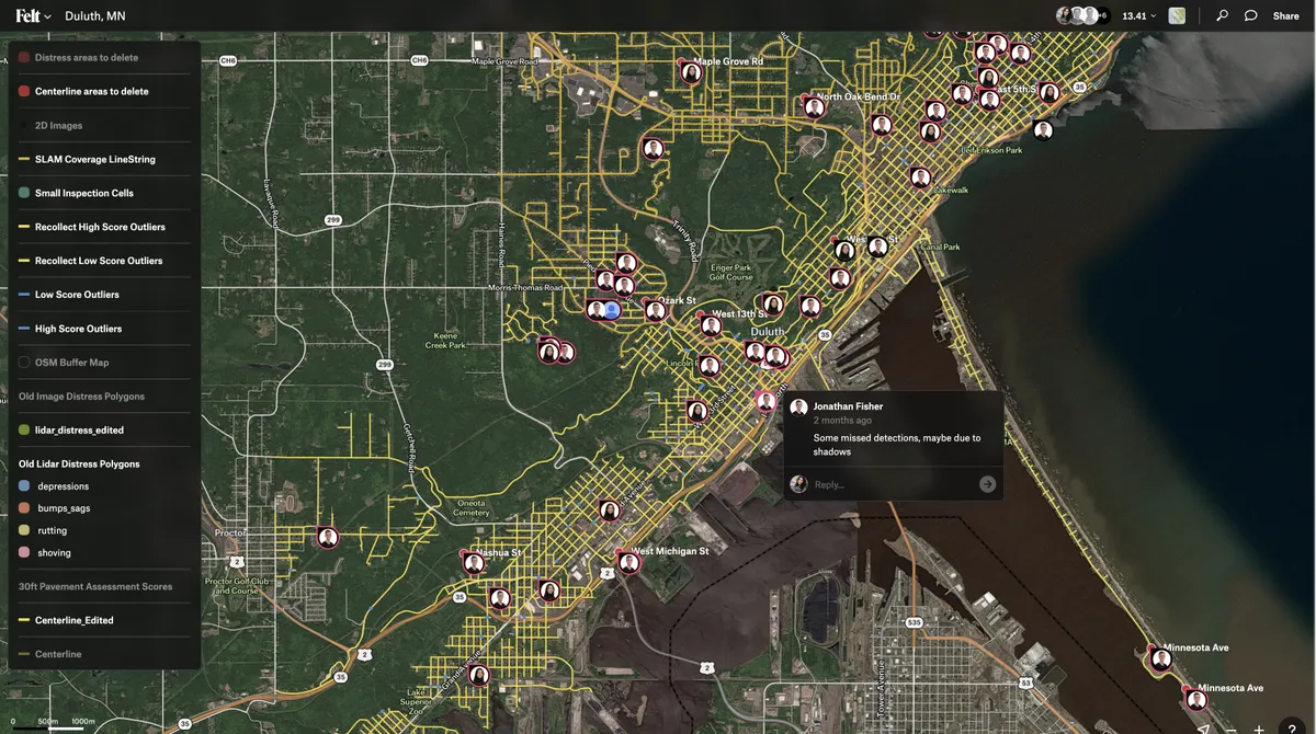Cyvl.ai's inspection review map of Duluth, Minnesota in Felt: road segments over satellite imagery, with reviewers' comments pinned where the model missed a defect