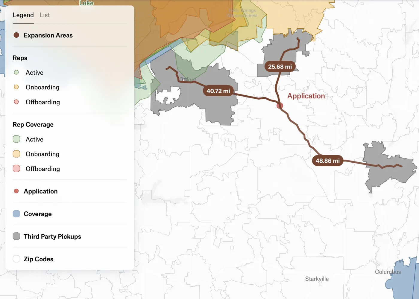 Sharetown's Felt map of rep coverage by ZIP code, with measured distances from a new application to the nearest third-party pickup areas