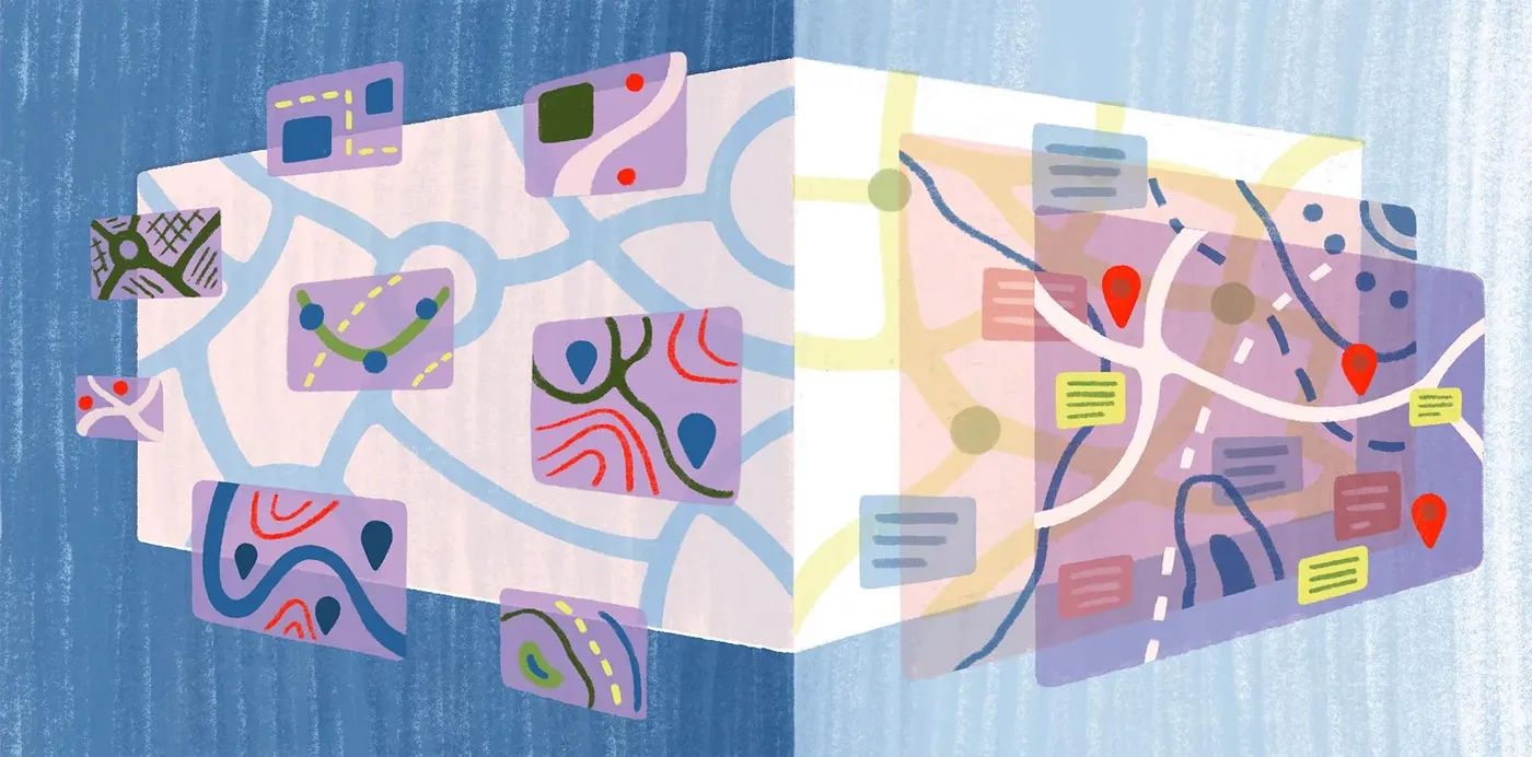 An illustration of small map snippets of routes, contours and pins floating around a larger annotated map
