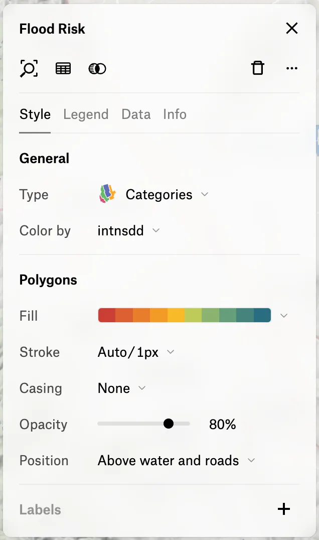 The Flood Risk style panel set to Categories, colored by the intnsdd attribute with an orange-to-green palette