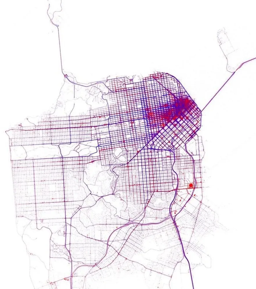 A dot map of San Francisco taxi locations tracing the street grid, densest downtown in the northeast
