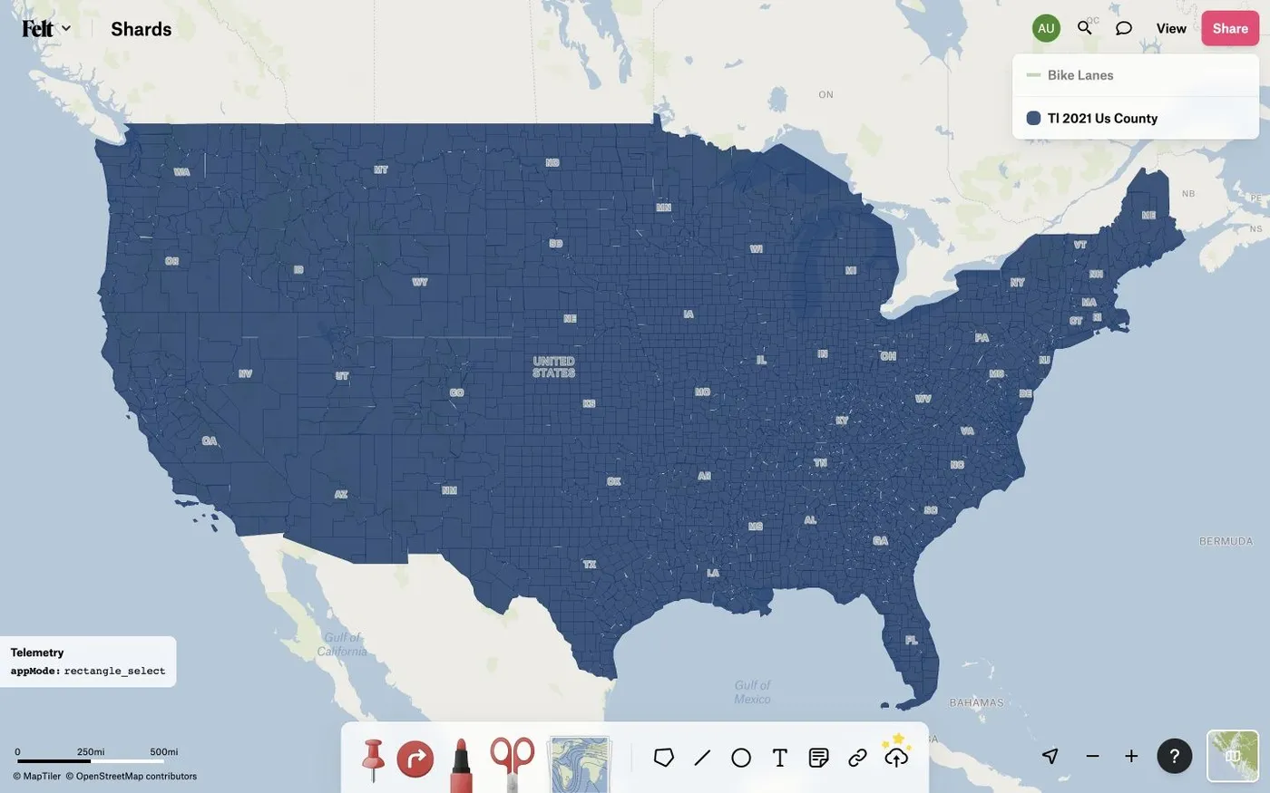 A Felt map of US counties as continuous dark blue polygons, with thin light shard gaps visible between some of them