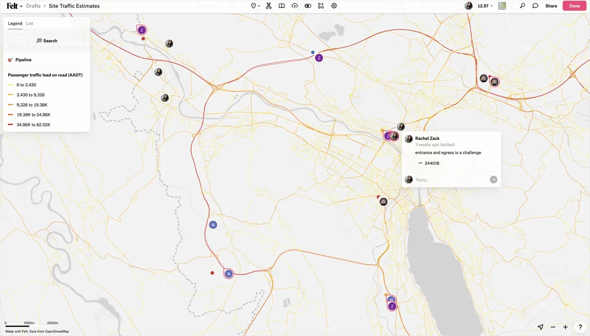 Fastned's Site Traffic Estimates map in Felt: roads colored by daily passenger traffic, with candidate sites and a comment thread about site access