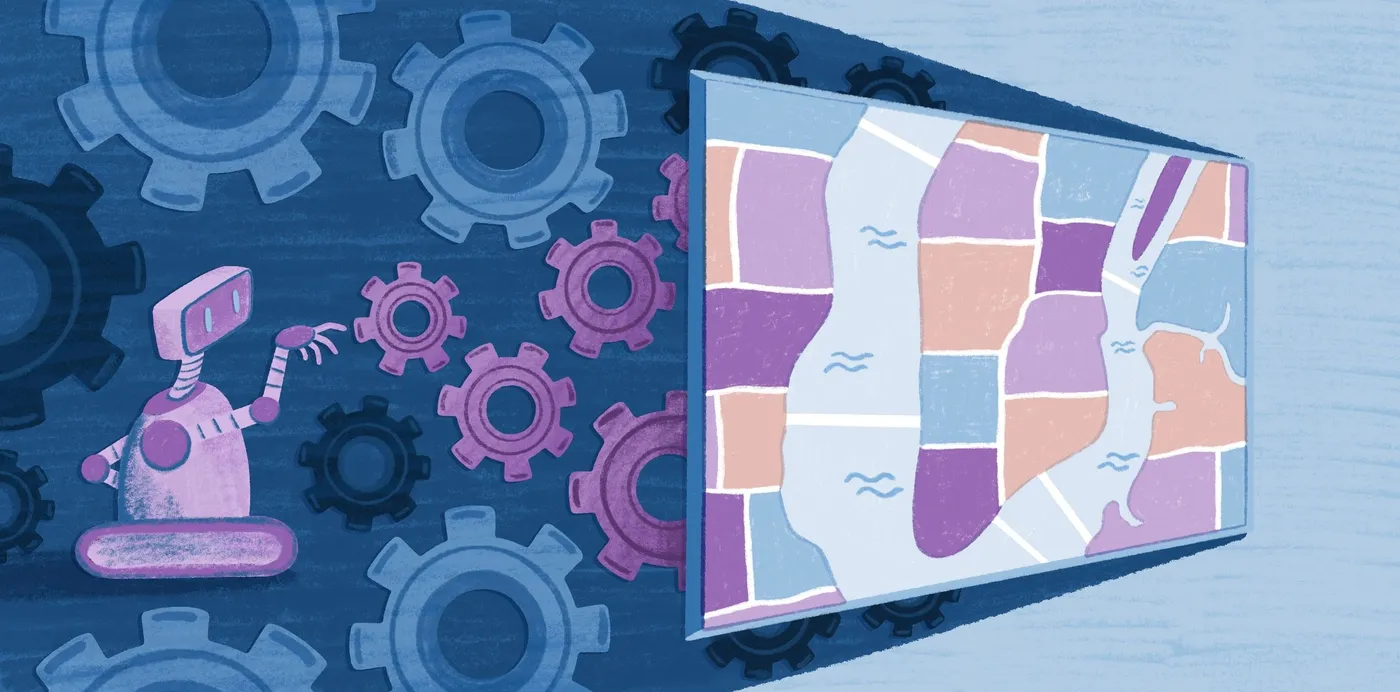 An illustration of a robot surrounded by gears beside a framed, colorful map of land parcels and rivers