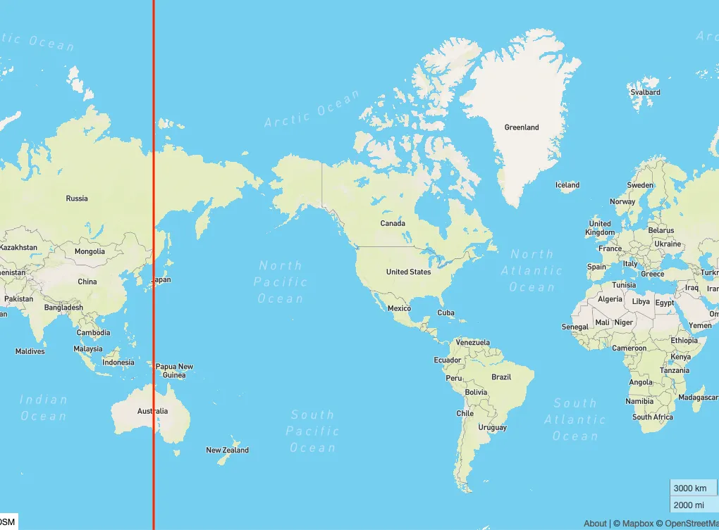 A world map with a red vertical line at the longitude chosen for wrapping geometries, just west of Japan