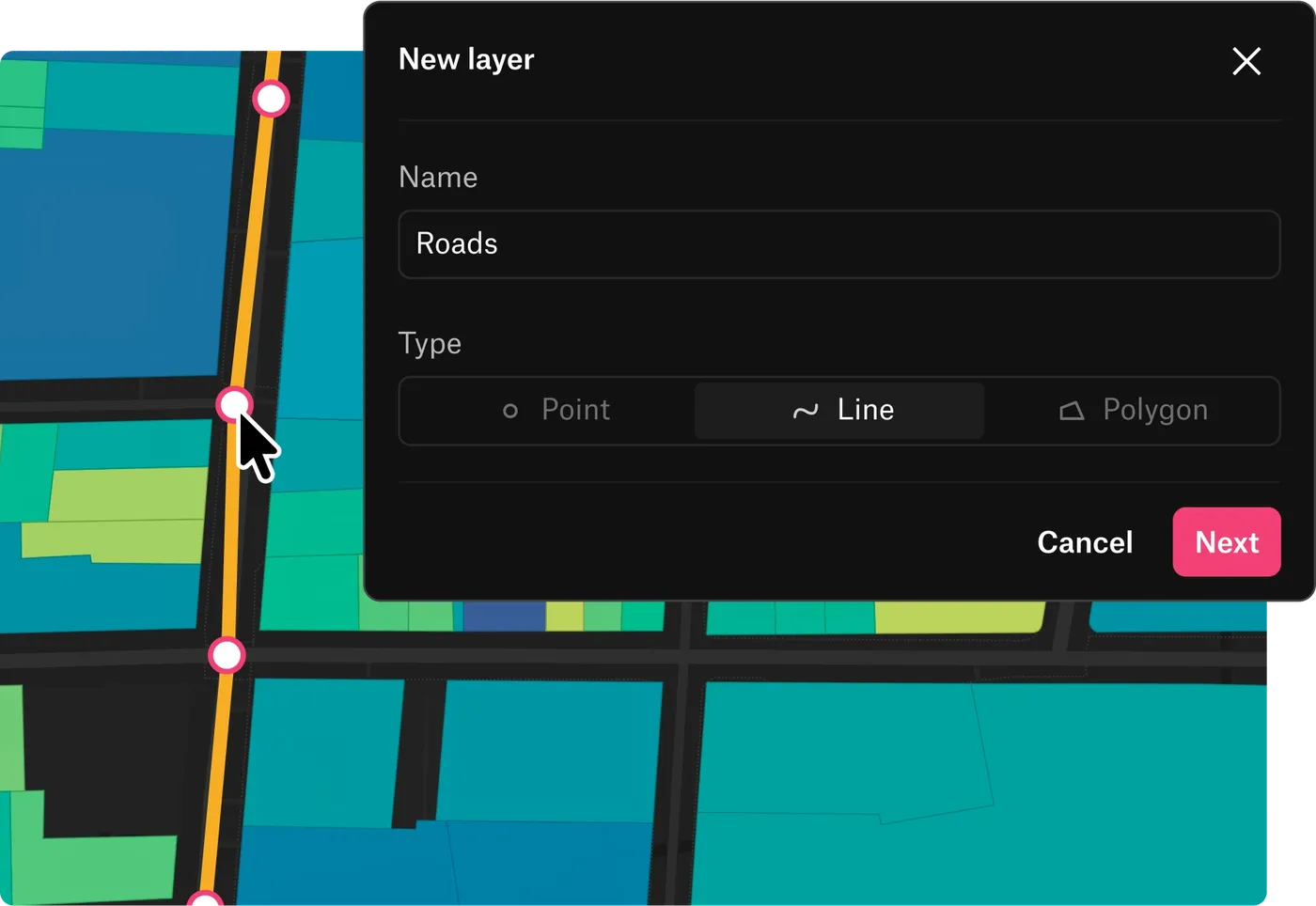Drawing a new line layer named Roads over parcels in Felt, in the New layer dialog