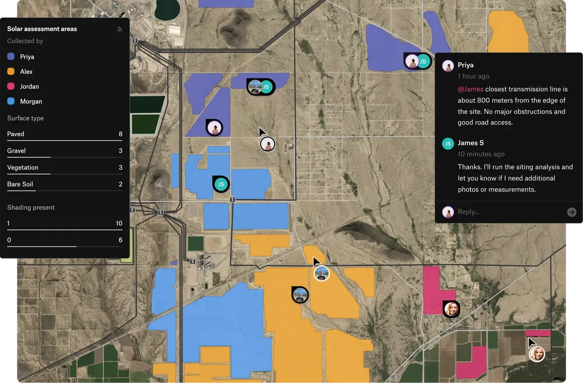 Solar assessment areas on satellite imagery, colored by who collected them, beside a comment thread between field and office