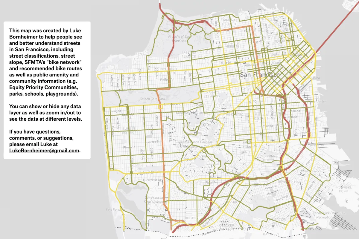 A map of San Francisco streets colored by classification, with a note on the data layers it includes