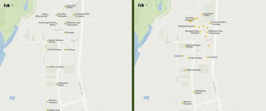 Two Felt maps of the same winery district, with points snapped to a grid on the left and in true positions on the right