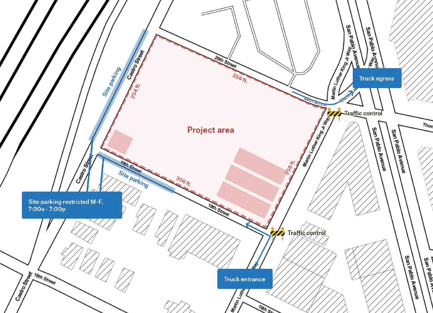 A Felt construction site map showing a project area with dimensions, site parking, truck entrance and traffic control