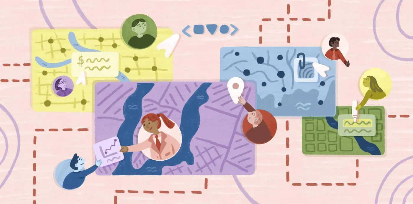 An illustration of people collaborating across colorful map panels linked by dashed red lines
