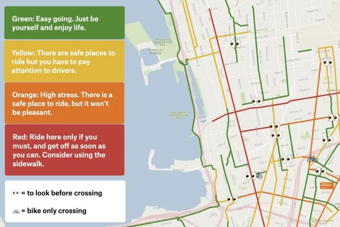 A Felt map of East Bay bike routes colored green, yellow, orange and red by stress level, with a legend explaining each color