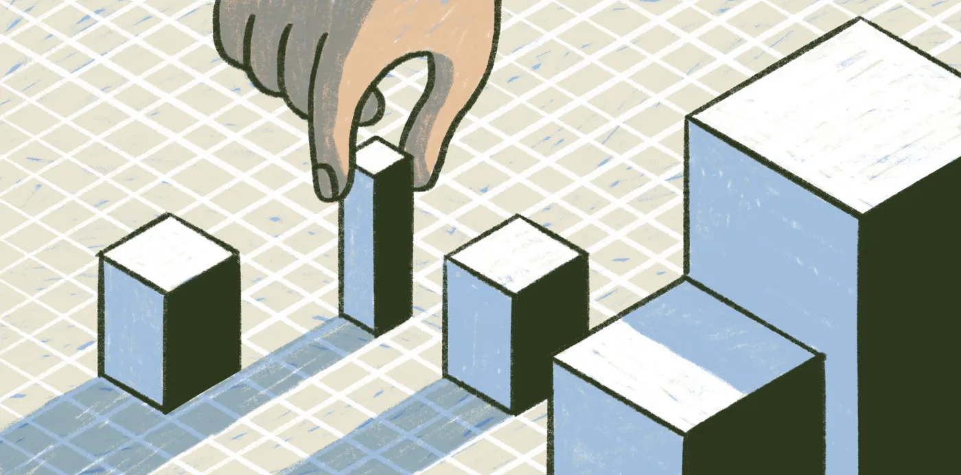 An illustration of a hand placing a small block among building-like blocks of different heights on a grid