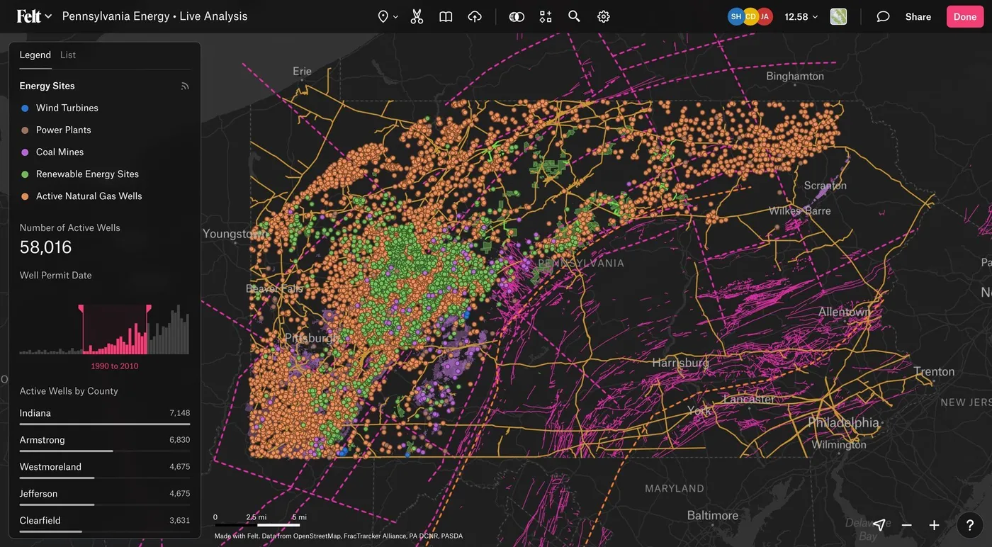 A Felt dashboard of Pennsylvania energy sites with natural gas wells, coal mines and pipelines beside active well counts by county