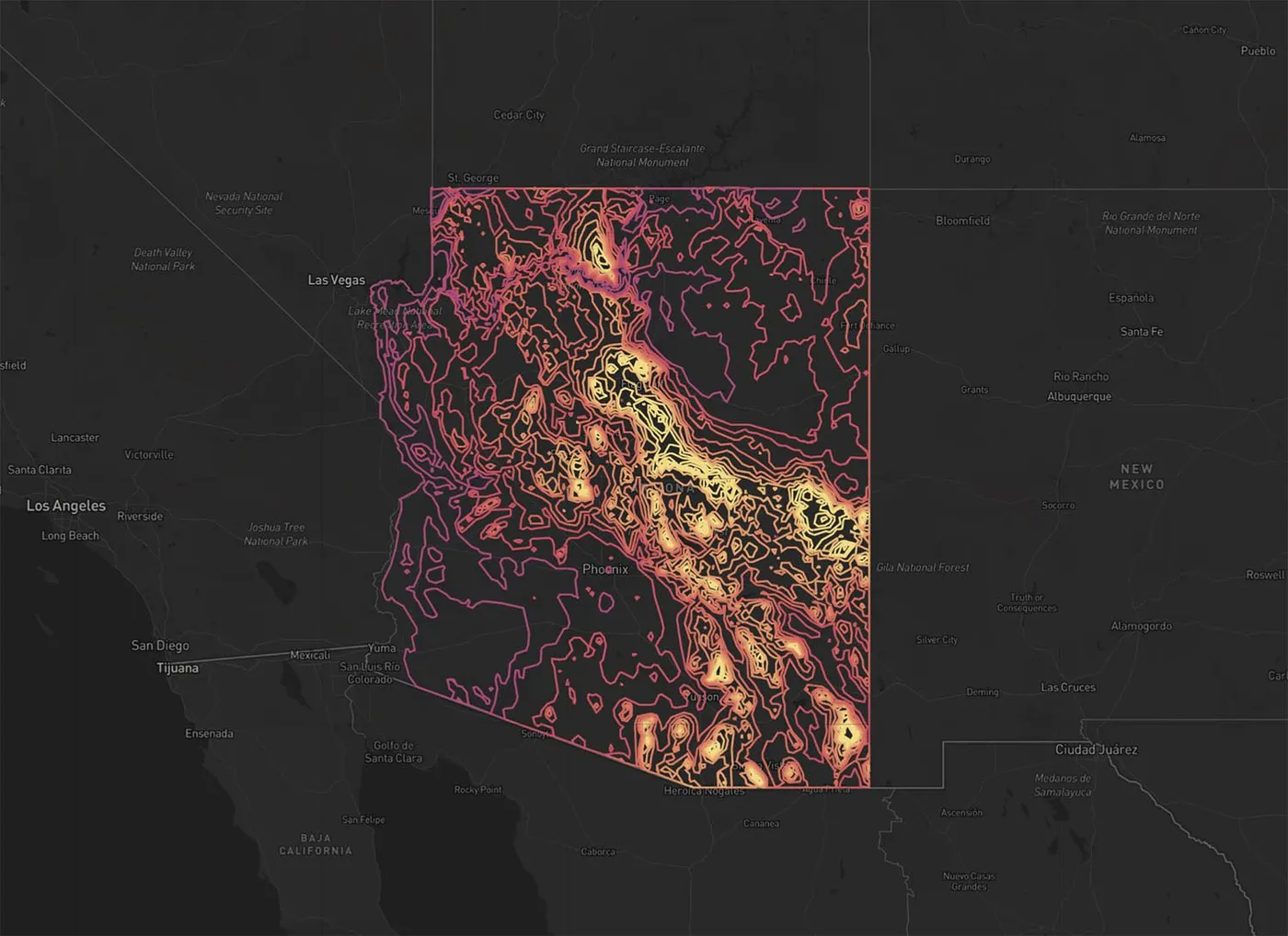 A Felt map of Arizona on a dark basemap with precipitation contour lines glowing from purple to yellow
