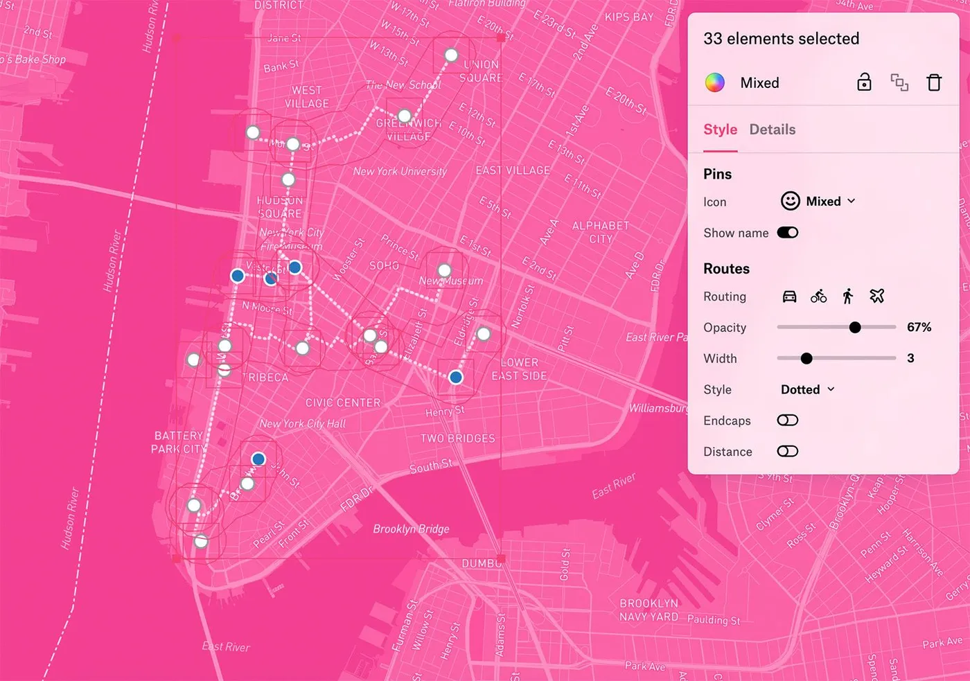 A Felt map of Lower Manhattan on a pink basemap with dotted routes selected and the route styling panel open