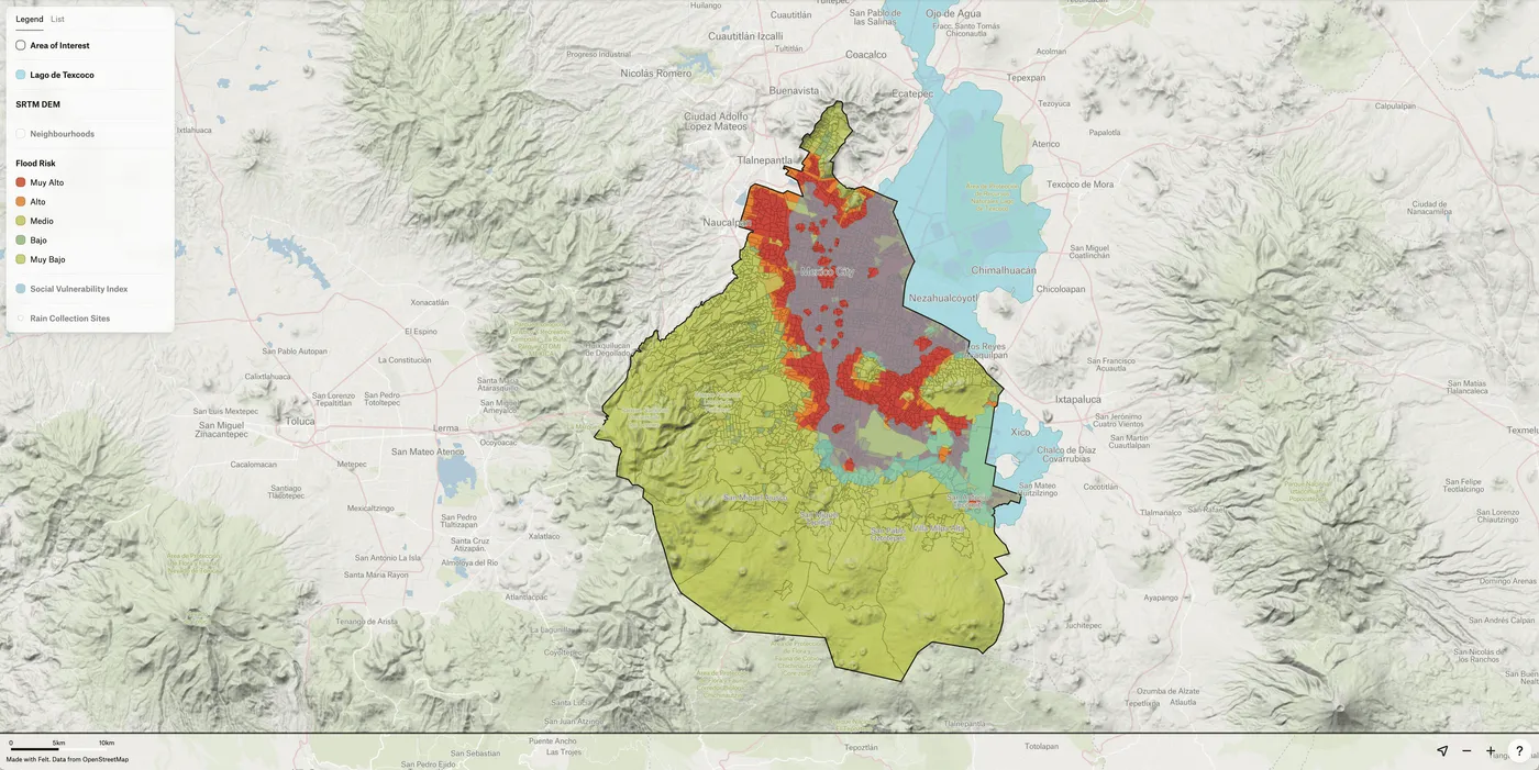 A Felt map of Mexico City flood risk, with very high risk areas in red concentrated inside the old lake boundary