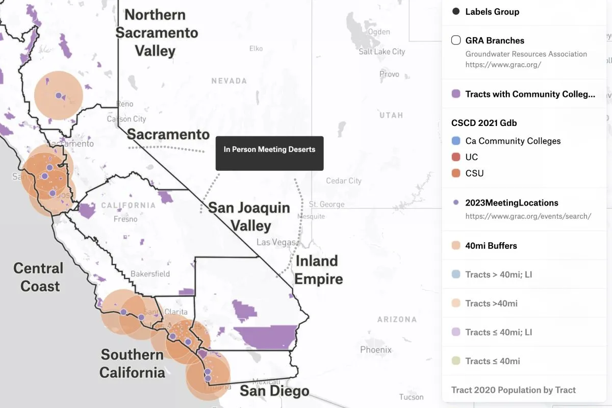 A Felt map of California with 40-mile buffers around meeting locations, highlighting in-person meeting deserts