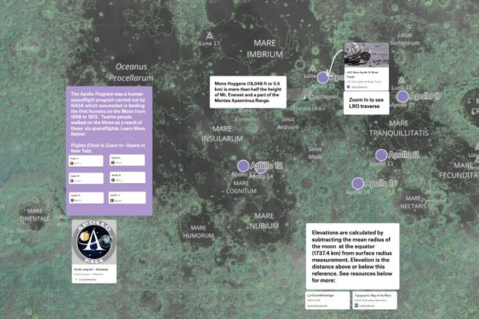 A Felt map of the Moon marking Apollo landing sites, with notes on the Apollo program and lunar elevation