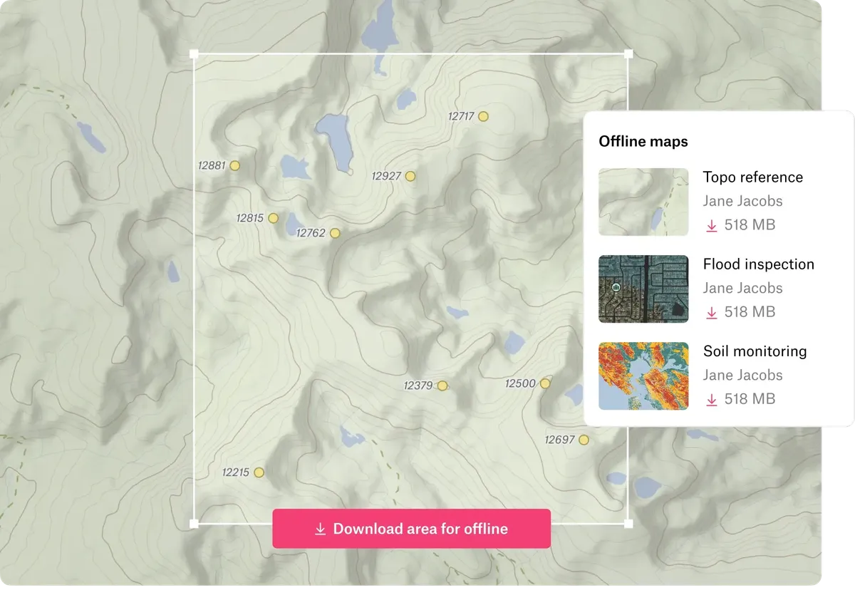 A topographic map with an area selected for offline download, beside a list of saved offline maps