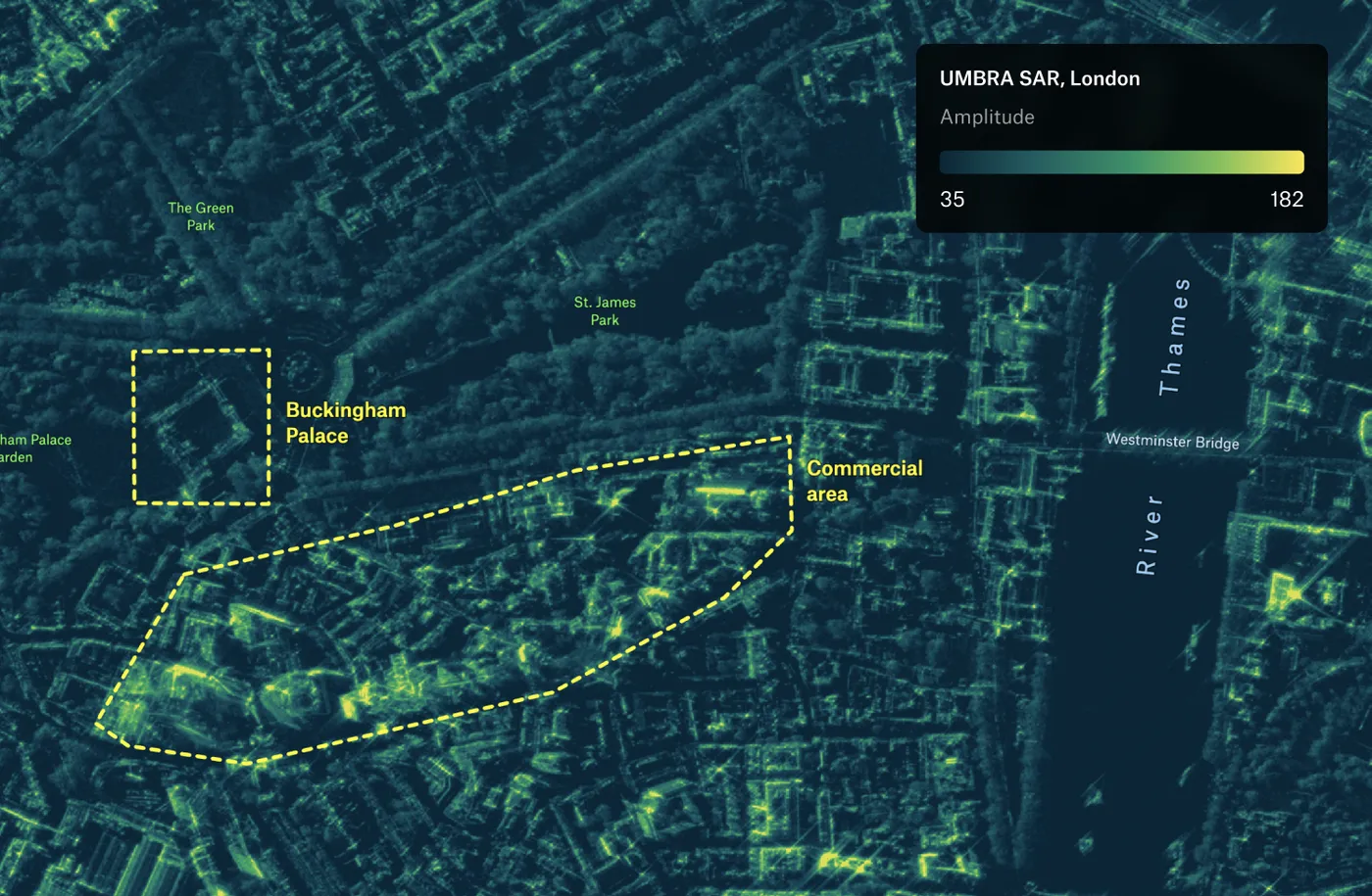 A Felt map of radar amplitude imagery over central London with Buckingham Palace and a commercial area outlined