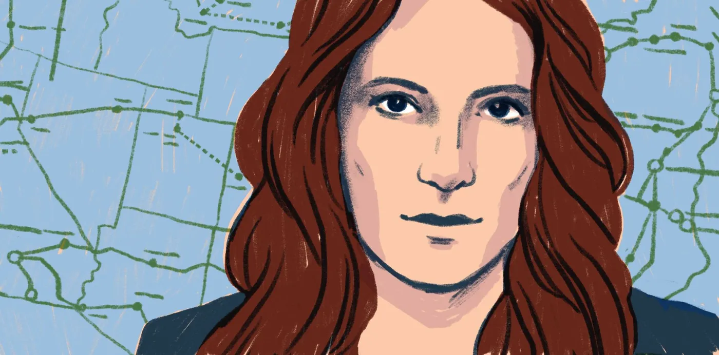 An illustrated portrait of Michelle Jennings in front of a map of rail lines