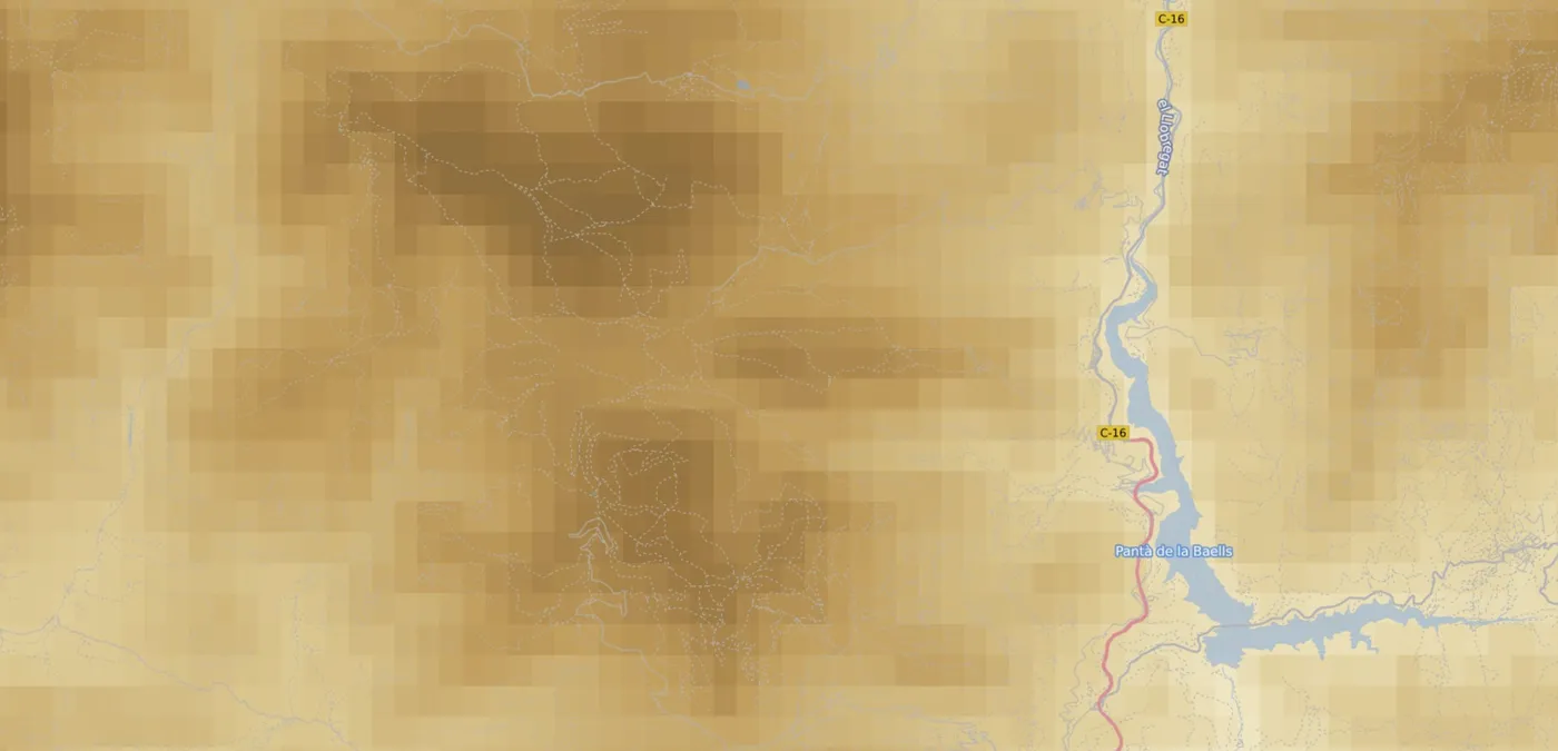 A map of terrain near the Llobregat river and Baells reservoir where an overzoomed raster shows blocky pixels