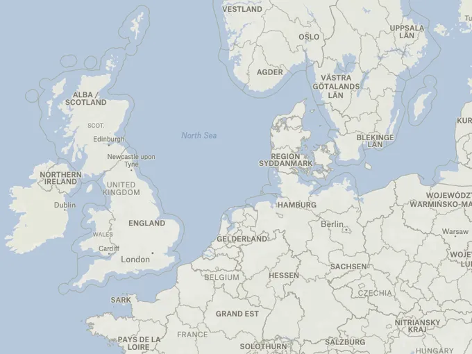 A Felt map of northern Europe showing first and second-order administrative boundaries and their names