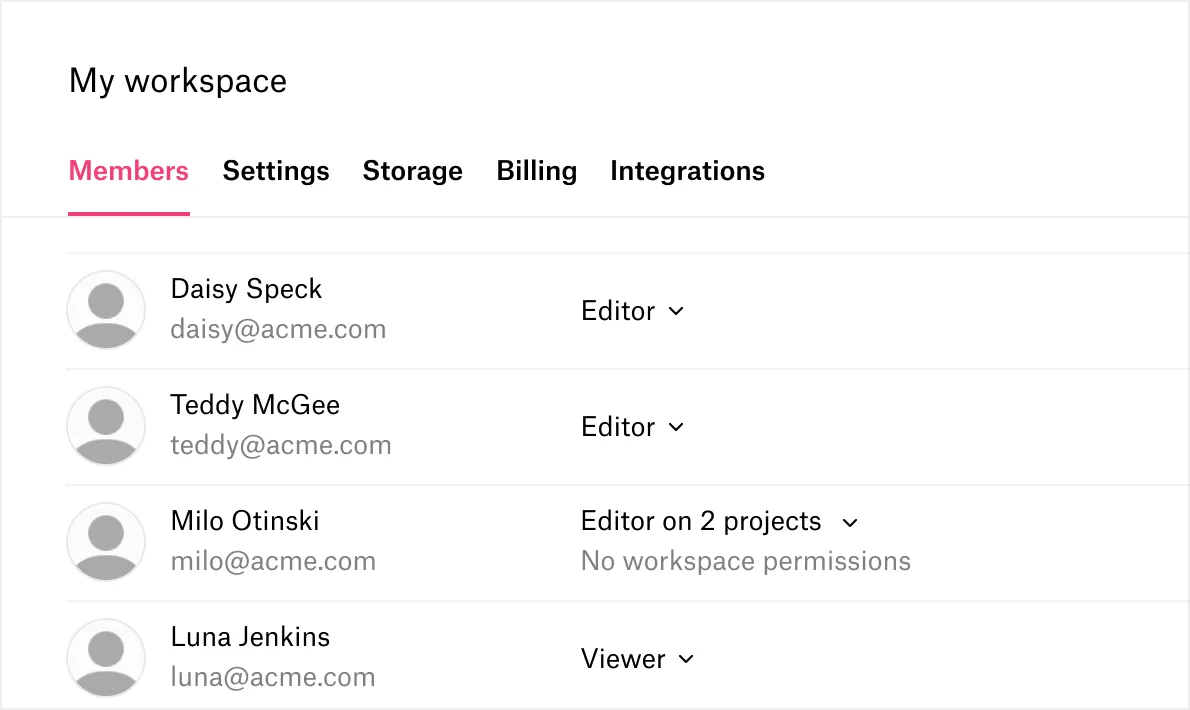 A screenshot of the workspace Members tab, where each member has a role such as Editor, Viewer or Editor on 2 projects