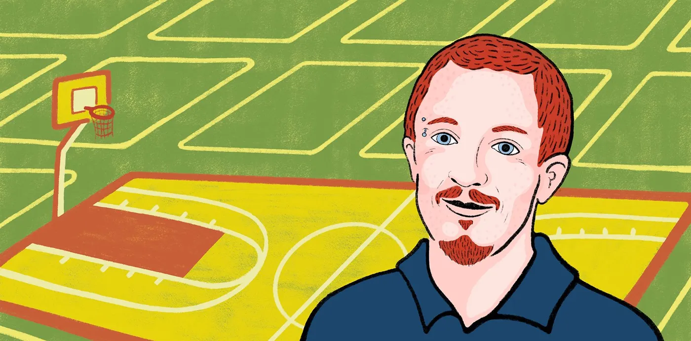 An illustrated portrait of Joshua Ryan in front of a basketball court and hand-drawn street grid