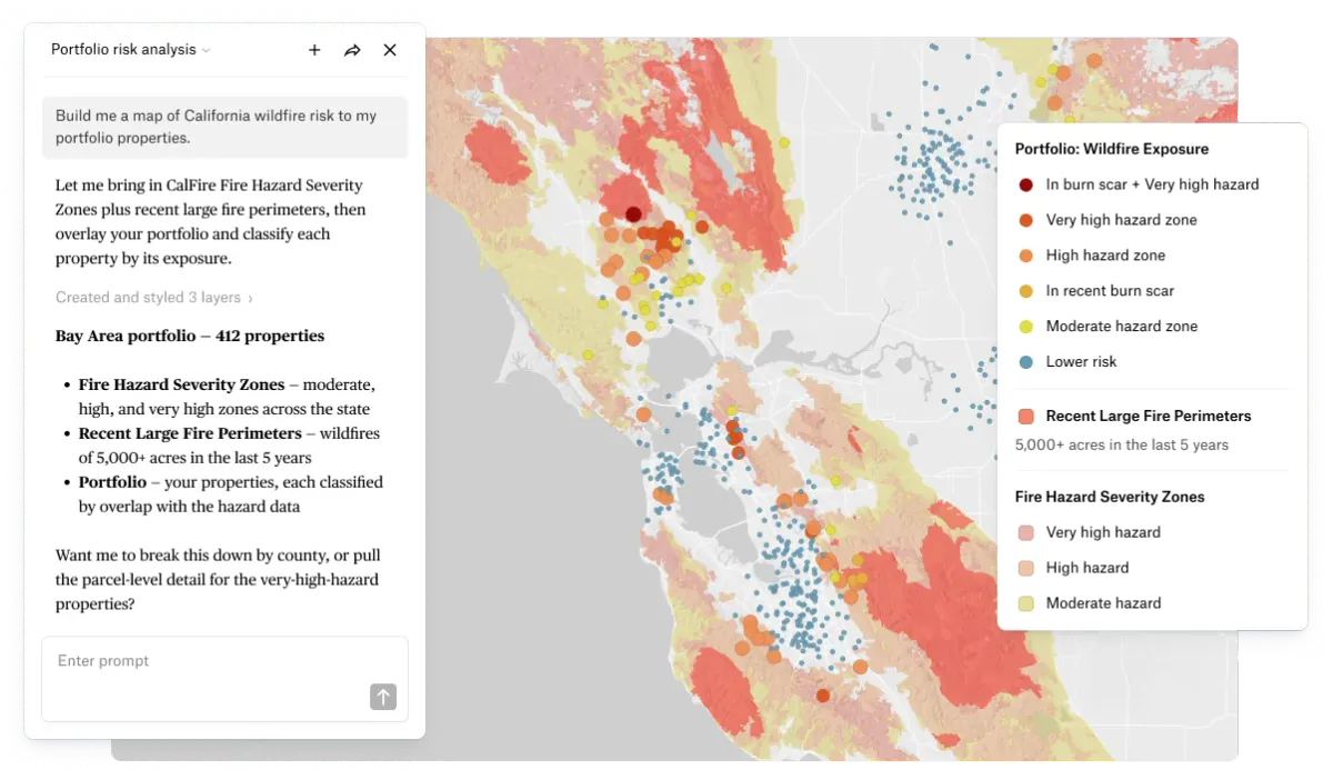 A screenshot of Felt AI building a Bay Area wildfire risk map of portfolio properties from a prompt, with a legend of hazard zones